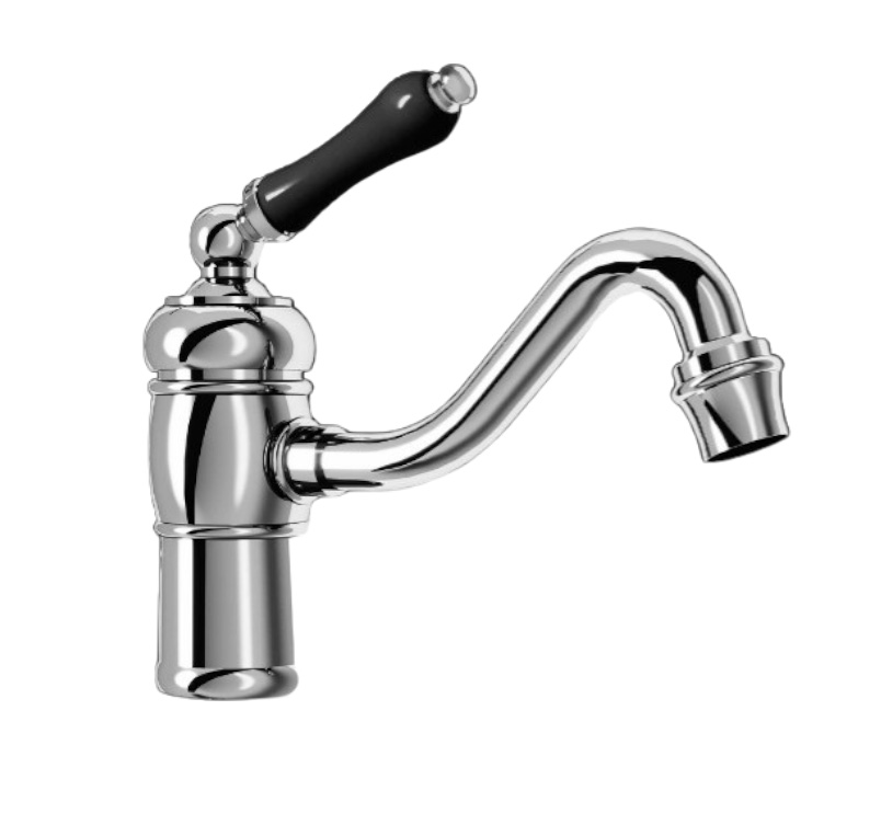 Mitigeur de lavabo monotrou Thétis avec manette en porcelaine noire, présenté en finition Chrome Brillant
