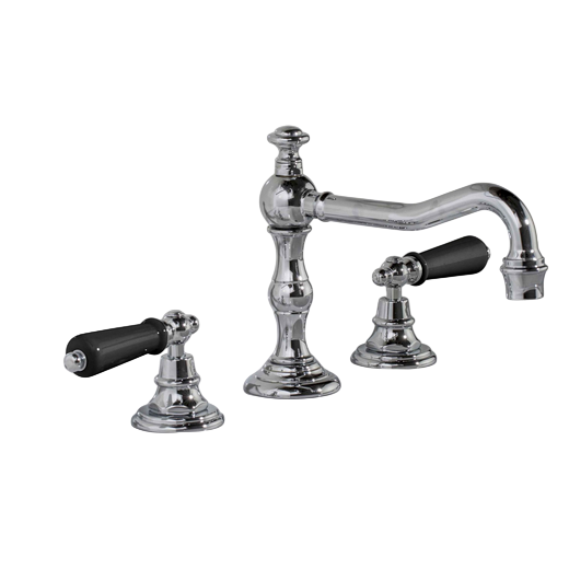 Mélangeur de lavabo 3 trous Thétis avec manettes en porcelaine noire, présenté en finition Chrome Brillant