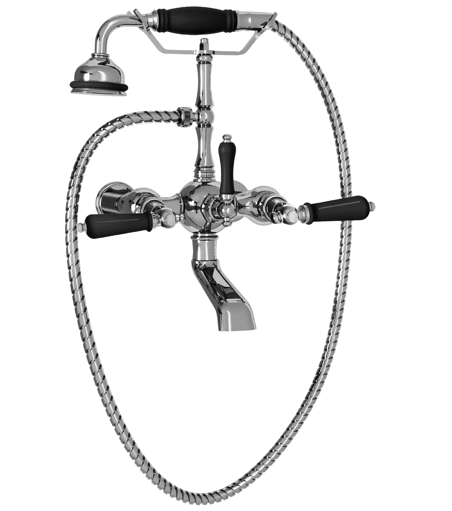 Mélangeur bain-douche mural Thétis avec manettes en porcelaine noire, présenté en finition Chrome Brillant